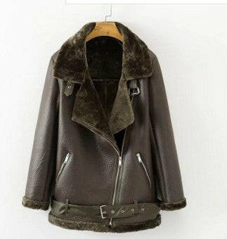 New Winter Fashion High Quality Artificial Fur Zipper Coat Pockets Warm Couples Sashes Leather Jackets Woman.