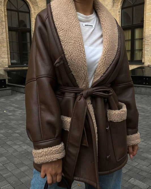 Leather And Fur Korean Style Long Sleeve Splicing Coat Women.