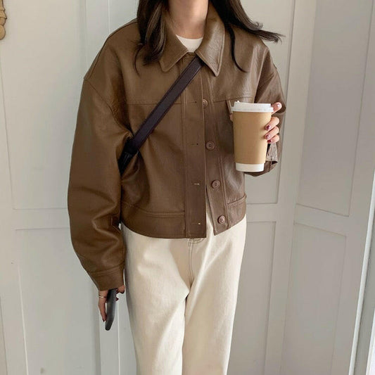 Spring Niche Handsome Lapel Single-Breasted Loose Casual Long-Sleeved Motorcycle Clothing Leather Short Jacket Women.