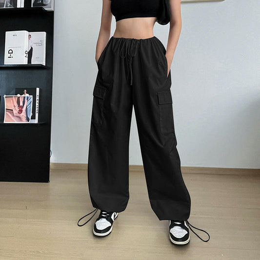 Autumn High-waisted Casual Pants European And American Women's Wide Legs Loose Large Size String Straight Leg Cargo Pants.