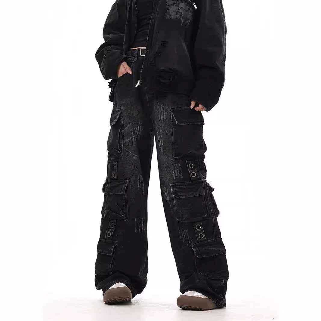 Used washed worn out metal decorated multi pocket denim work pants