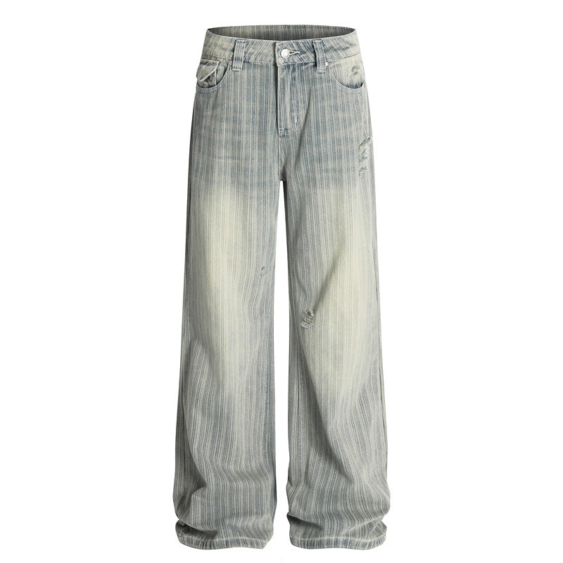 Streetwear Vintage Vertical Striped Distressed Denim Pants Unisex Loose  Cleanfit High Street Trousers