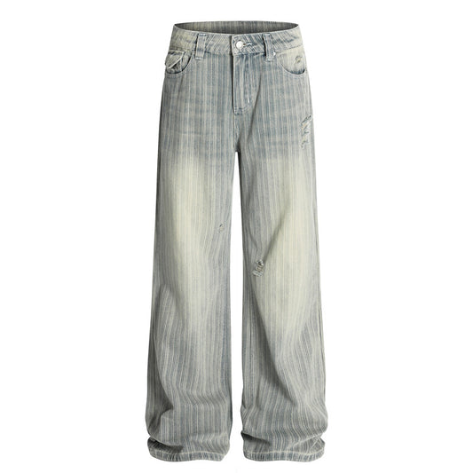 Streetwear Vintage Vertical Striped Distressed Denim Pants Unisex Loose  Cleanfit High Street Trousers