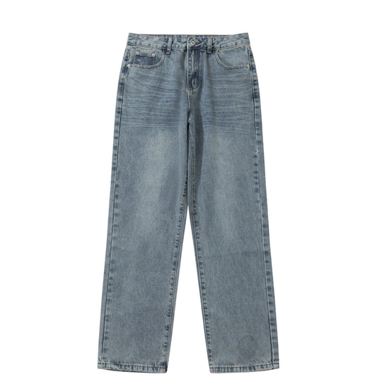 Street Style Basic Versatile Blue Jeans Men's  Loose Straight Leg Wide Leg Versatile Washed Casual Long Pants
