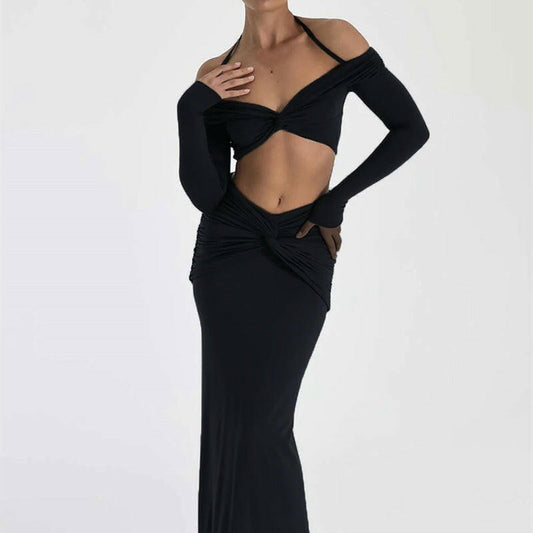 Fashion Suit Sexy Spice Clothes Women Long-sleeved Blouse Long Skirt Two-piece Set.