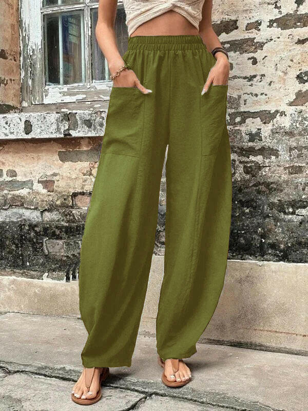 Women's Harem Pants With Pockets High Waisted Casual Beach Pants Loose Trousers Summer.