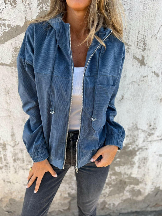Corduroy Hooded Zip-up Jacket With Pockets Fashion Casual Drawstring Tops Outerwear Women's Clothing.