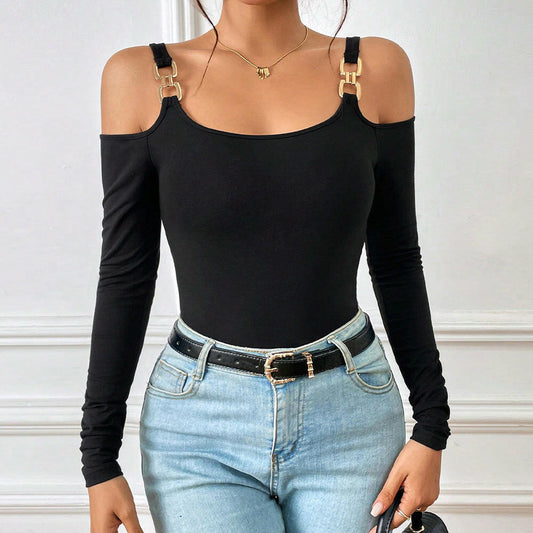 Women's Spring And Summer Fashion Simple Suspender Off-Shoulder Metal Hook Long-Sleeved Sexy Top.
