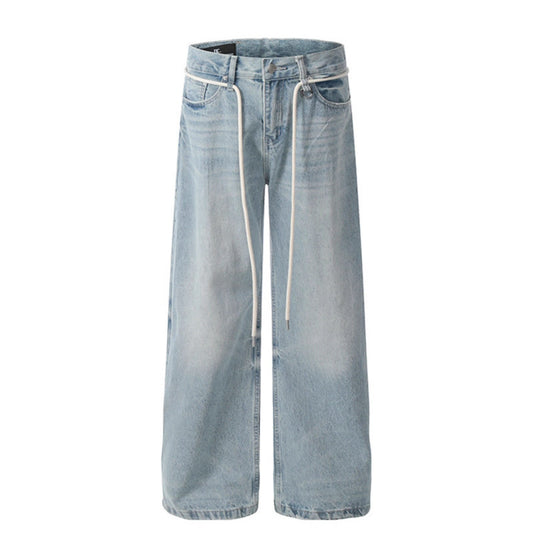 Wash and make old corrugated drawstring wide leg blue denim jeans