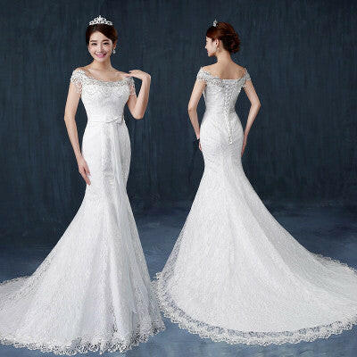 Fishtail wedding bride wedding dress one word shoulder slim slimming small trailing studio wedding dress.