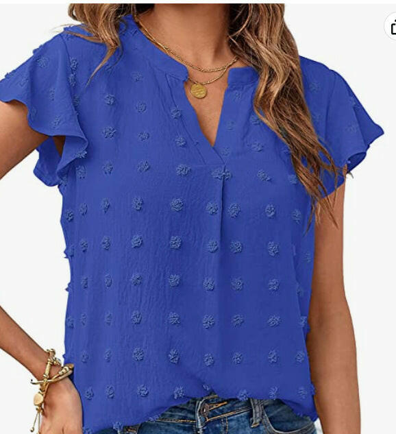 Women Summer V Neck Ruffle Short Sleeve Blouse Dot Flowy Shirt Top.