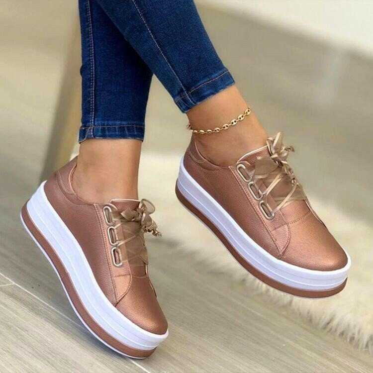 Fashion Flats Sneakers Women Ribbon Lace-up Platform Shoes.