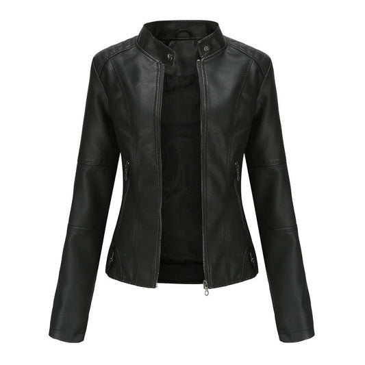 Thin Large Size Leather Clothing With Stand Collar Slim-fit Jacket.