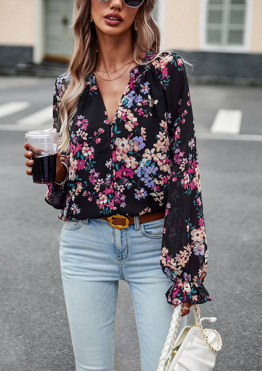 Women's Tops Casual Floral Print V Neck Long Sleeve Shirts Loose Chiffon Blouses Shirts Tops.