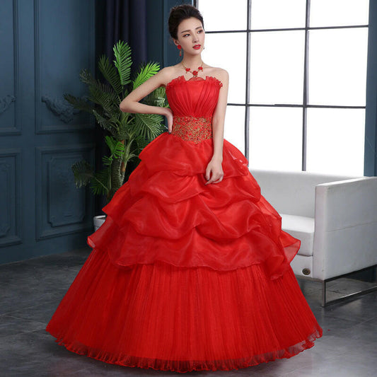 Tube Top Bride Red Wedding Dress Large Size.