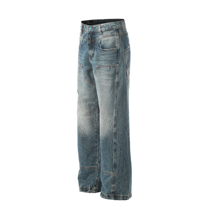 Street Trendy Distressed Denim Pants for Men Loose Straight Design Washed Floor-Length Wide-Leg Trousers