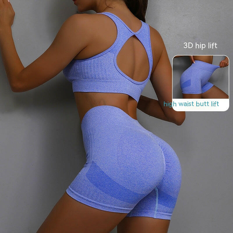 2pcs Sports Fitness Yoga Suit Breathable Hip-lifting Shorts And Hollow Out Back Bra Womens Clothing.