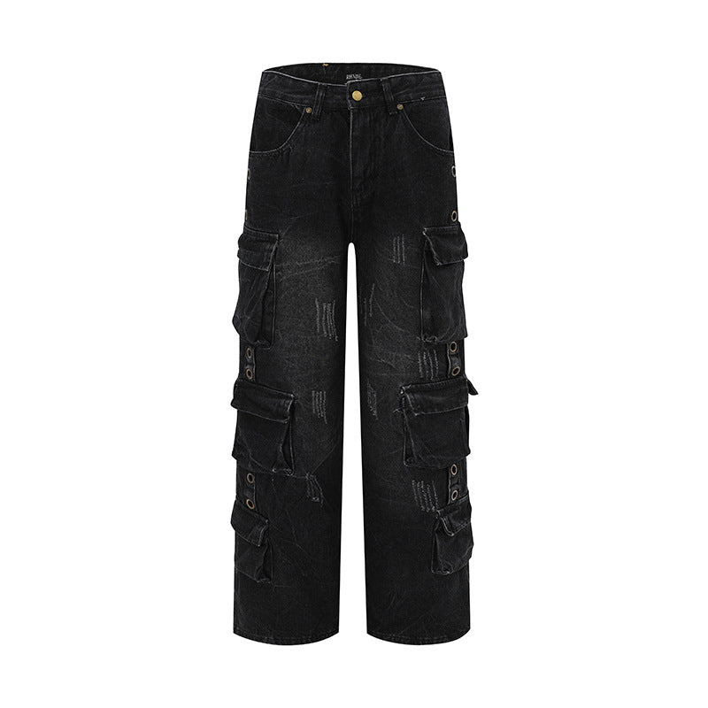Used washed worn out metal decorated multi pocket denim work pants