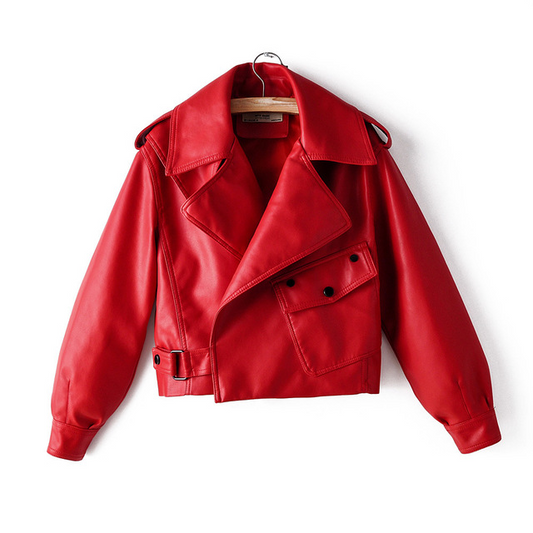 Women's PU Leather Jacket with Short Washed Leather Jacket.