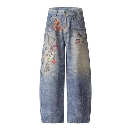 Spray painted chain teddy bear wide leg jeans