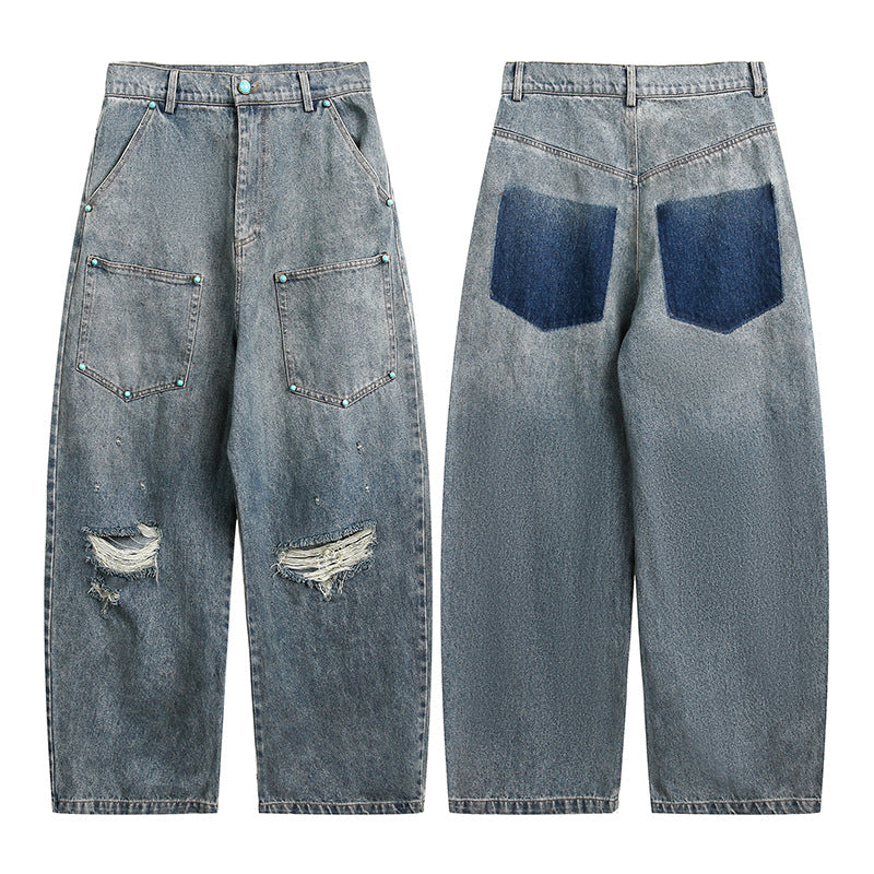 Denim Pants with Studs and Buttons Loose Fit Long Trousers for Men and Women