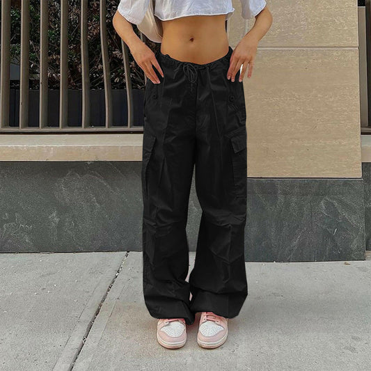 Casual Cargo Pants For Women Solid Color Drawstring Pocket Design Fashion Street Trousers Girls.