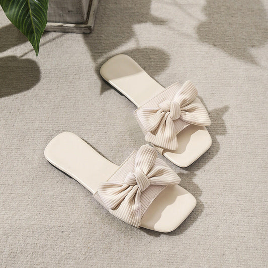Bow-knot Slippers Outdoor Flat Beach Shoes Square Toe Sandals.