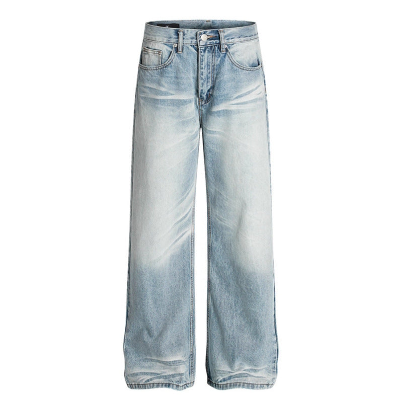 Used washed scratched and ground white straight leg jeans