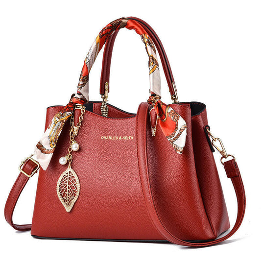 Women's Shoulder Bag With Leaf Pendant Fashion Silk Scarf Handbag.