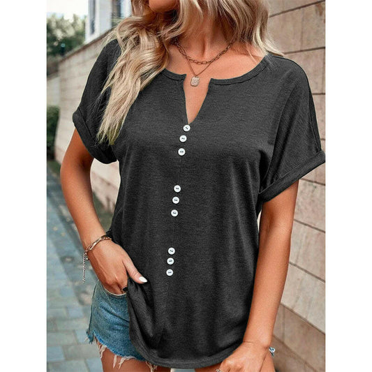 V-neck Short Sleeve Tops Shirt Summer Button Design Blouse.