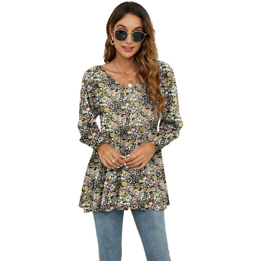 Long Puff Sleeve Tops Women Flowers Print Casual V-Neck Blouse T-Shirts Babydoll Tops.