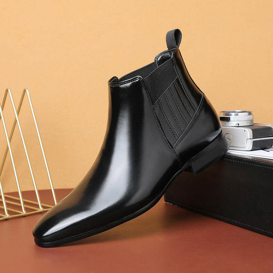 Pointed Toe Chelsea-style Boots For Men Fashion British Style Square Heel Business Formal Leather Shoes.