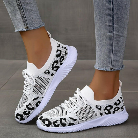 White Shoes Women Leopard Print Lace-up Sneakers Sports.