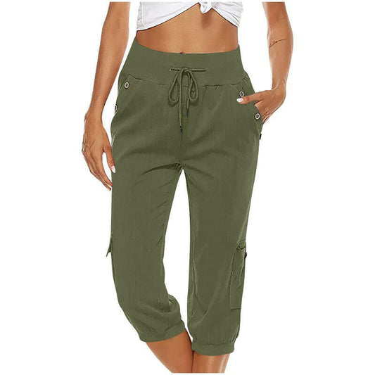 Women's Cropped Pants Cotton Linen Cargo Pocket Casual Pants.