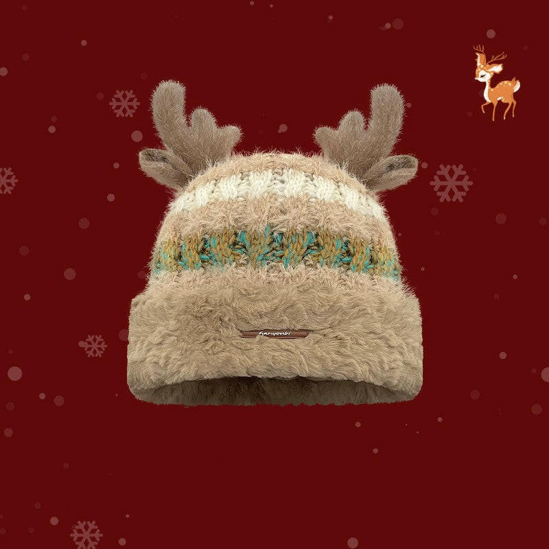 Christmas Knitted Hat With Cute Deer Antler Winter Warm Thick Hat For Girls Women.