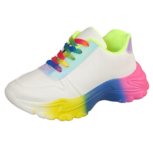 INS Style Rainbow Color Sports Shoes For Women Thick Bottom Lace-up Sneakers Fashion Casual Lightweight Running Walking Shoes.