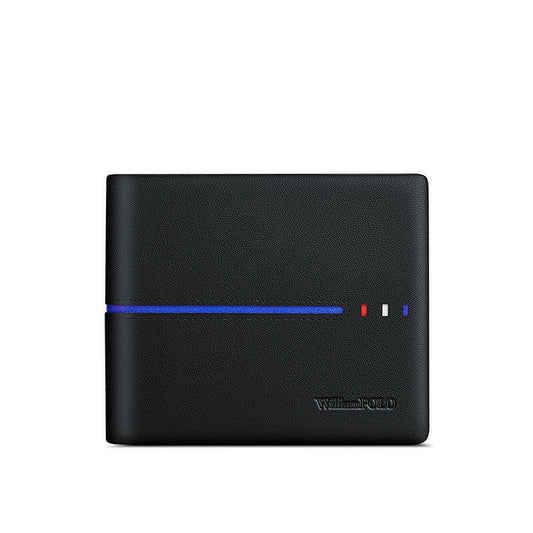 Black casual men's wallet made of first layer cowhide with blue, red, and white stripe detail