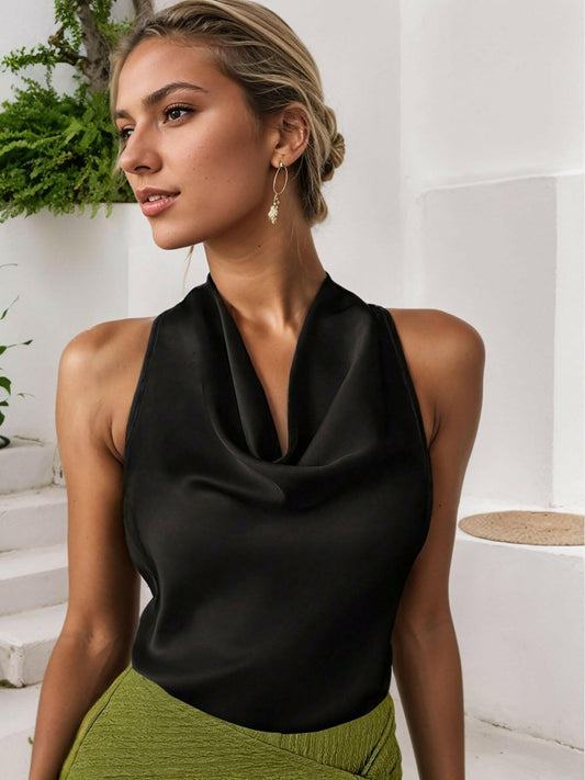 Women Solid Color Swing Collar Sleeveless Vest Trendy Elegant Shirt With Halter Neckline Backless Short Sleeve Tops Tshirts.