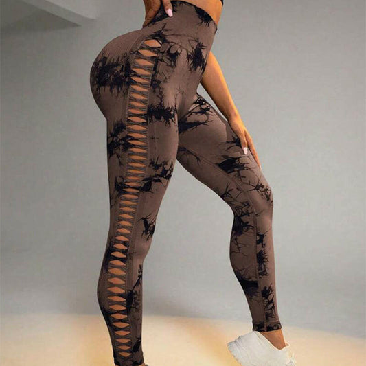 Hollow Tie Dye Printed Yoga Pants High Waist Butt Lift Seamless Sports Gym Fitness Leggings Slim Pants For Women Tight Trousers.
