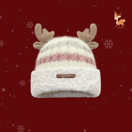 Christmas Knitted Hat With Cute Deer Antler Winter Warm Thick Hat For Girls Women.