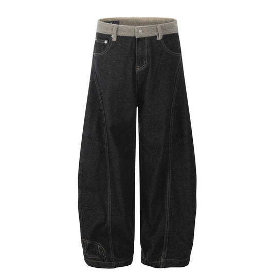 Street Style Reversible Design Men's Jeans Water Washed Vintage Waist Spliced Fleece Straight Leg Wide Leg Tapered