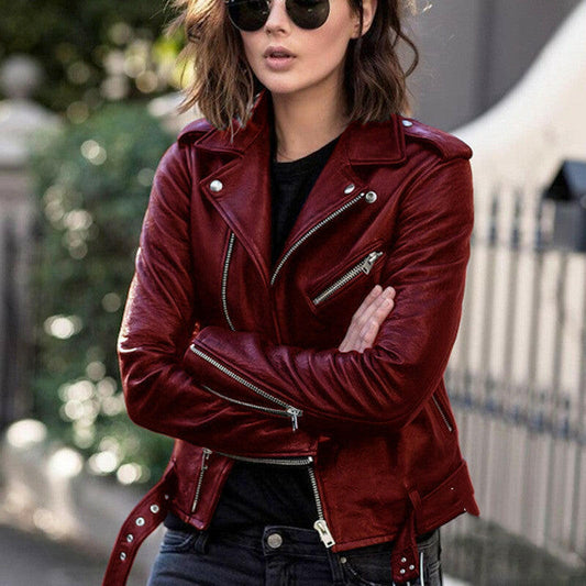 Zip leather jacket.