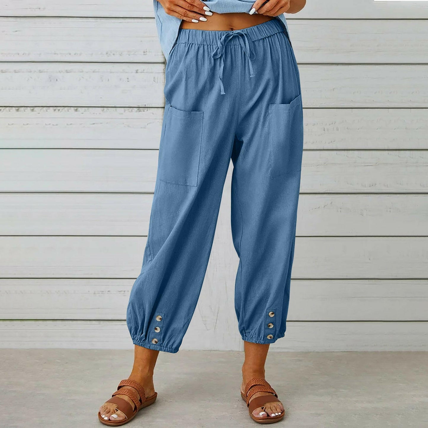Women Drawstring Tie Pants Spring Summer Cotton And Linen Trousers With Pockets Button.