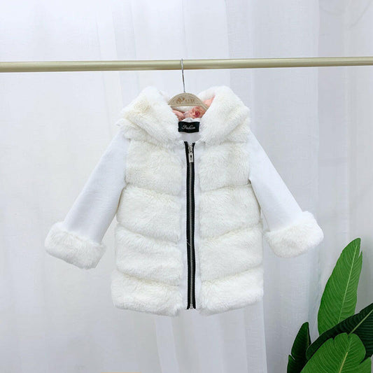 Children's Cotton Coat Rex Rabbit Hooded Faux Fur Coat.