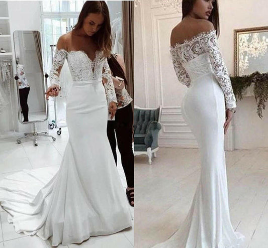 Fashion One Shoulder Lace Long Sleeve Dress Mopping Wedding Dress.