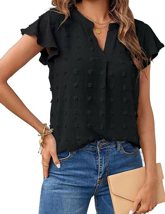Women Summer V Neck Ruffle Short Sleeve Blouse Dot Flowy Shirt Top.
