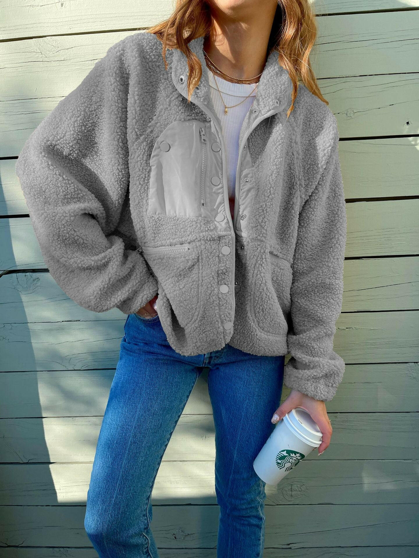 Short Cardigan Plush Jacket Lamb Wool Coat.
