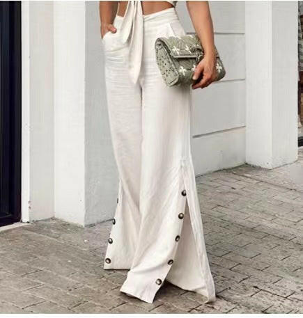 Spring Fashion High Waist Cotton Linen Wide Leg Pants.
