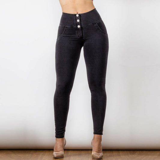 Black Women Button Up Hip Raise High Waist Jeans.