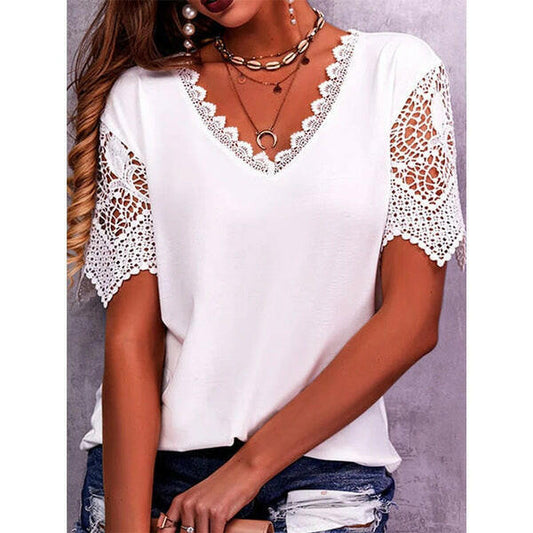 Lace Tops Women Summer Loose V Neck Short Sleeve Casual Shirts.